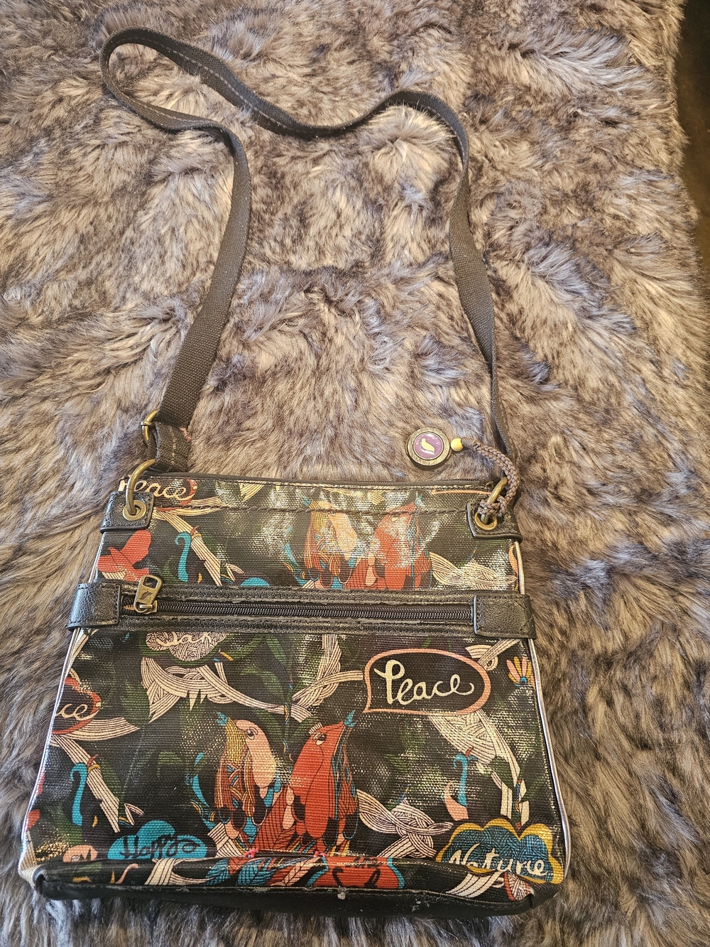 Sakroots Black Multicolor Bird Print Crossbody Bag
